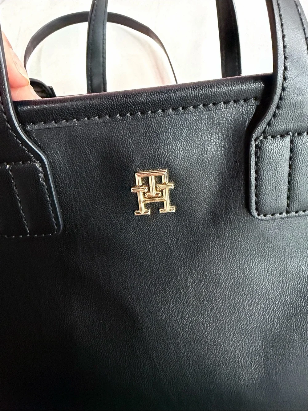 Tommy Hilfiger Black Leather Satchel with Gold Logo
